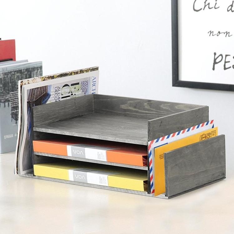 3-Tier Office File & Document Tray in Rustic Wood Finish