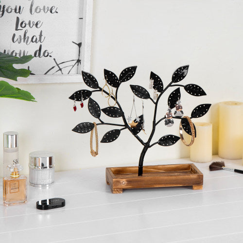 Black Metal Jewelry Tree with Wooden Trinket Tray
