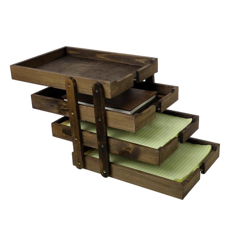 4 Tier Expandable Vintage Wood File & Document Tray Organizer, Brown