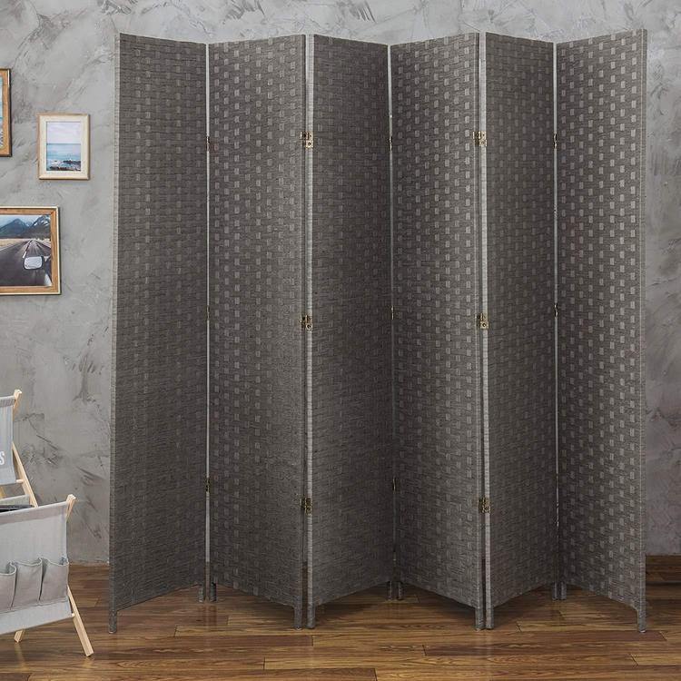 6-Panel Gray Woven Seagrass Room Divider