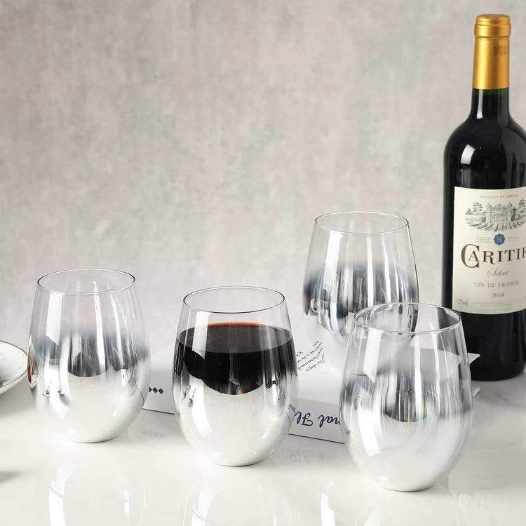 Stemless Wine Glasses with Silver Metallic Smokey Gradient Ombre Design, Set of 4