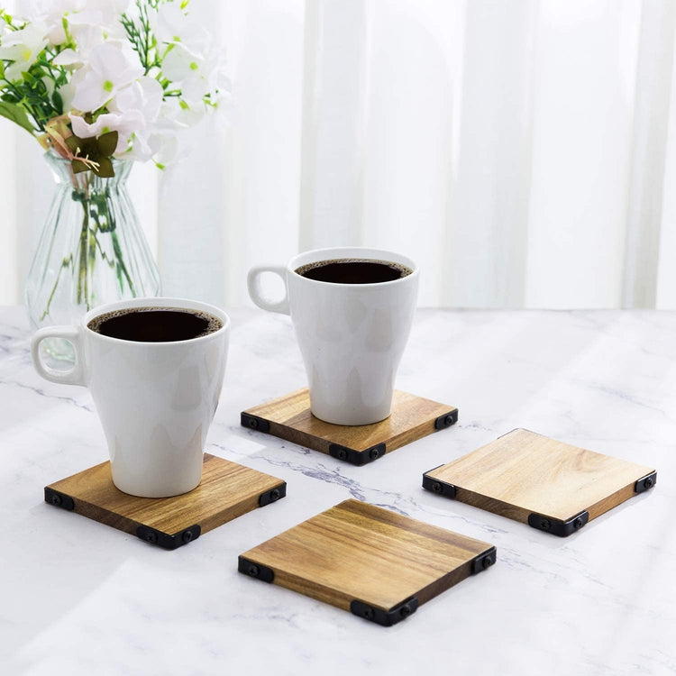 Acacia Wood Square Beverage Coasters with Matte Black Metal Corners, Set of 4
