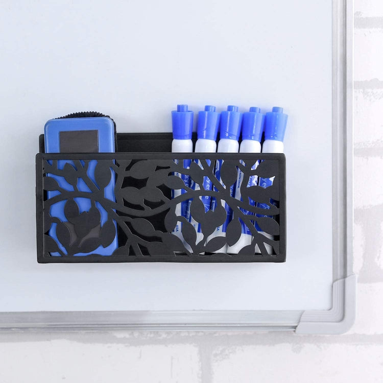 Magnetic Floral Pattern Black Metal Dry Erase Whiteboard Marker Holder Supplies Basket Organizer