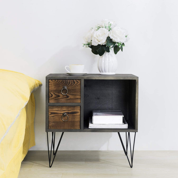 Vintage Gray Wood Nightstand / Side Table with 2 Drawers and Open Cabinet