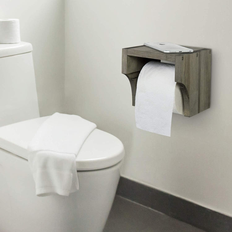 Gray Wood Wall Mounted Bathroom Toilet Paper Roll Holder with Storage Shelf