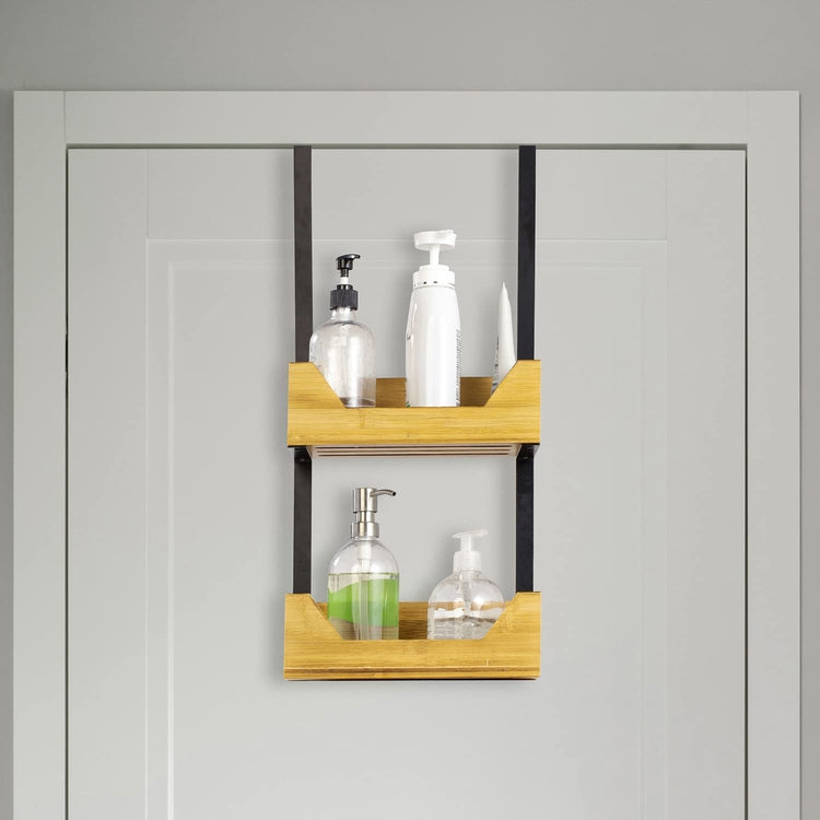 2-Tier Bamboo Over-the-Door Hanging Wall Organizer Rack, Bathroom Accessories Toiletries Storage Caddy with Black Metal Frame