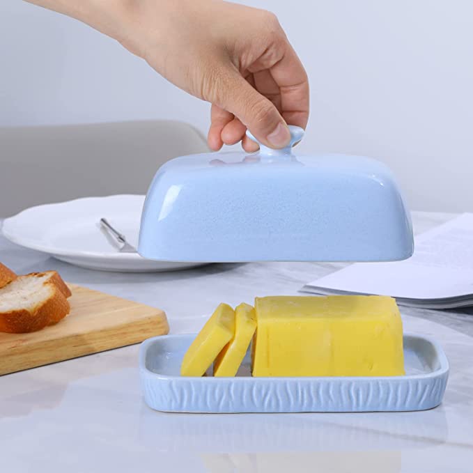 Sky Blue Ceramic Butter Dish, Etched Rectangular Butter Stick Tray with Cover Lid