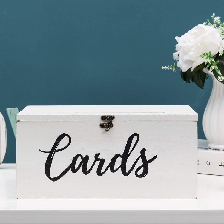 White Wood Wedding Card Holder Box with Slotted Lid and Antique Hinge Lock
