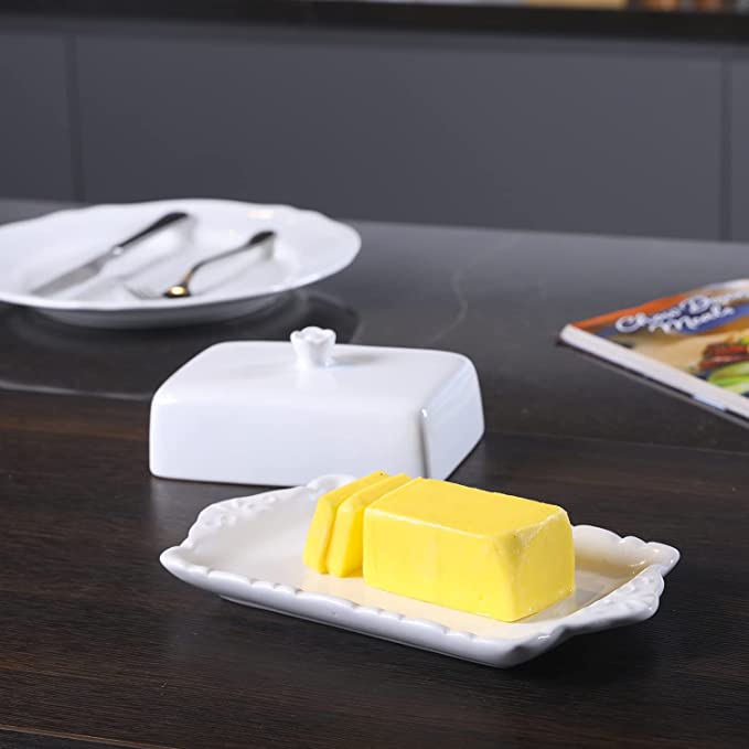 Large White Butter Holder with Lid, Vintage Ceramic Butter Dish Keeper - Holds 2 Sticks of Butter