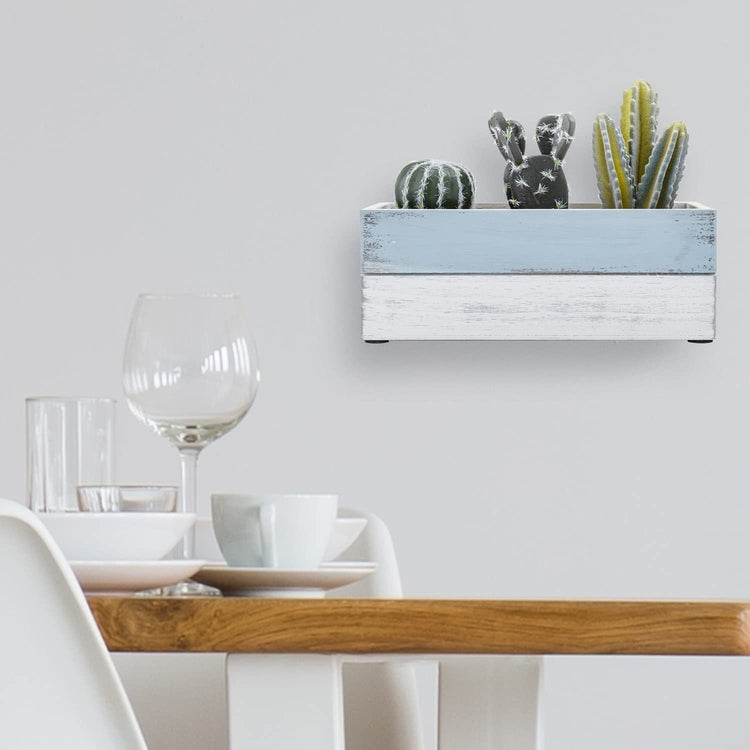 Artificial Mini Cactus Plants in Mixed Color Blue and White Wood Planter, Wall Mounted Rectangular Box-MyGift