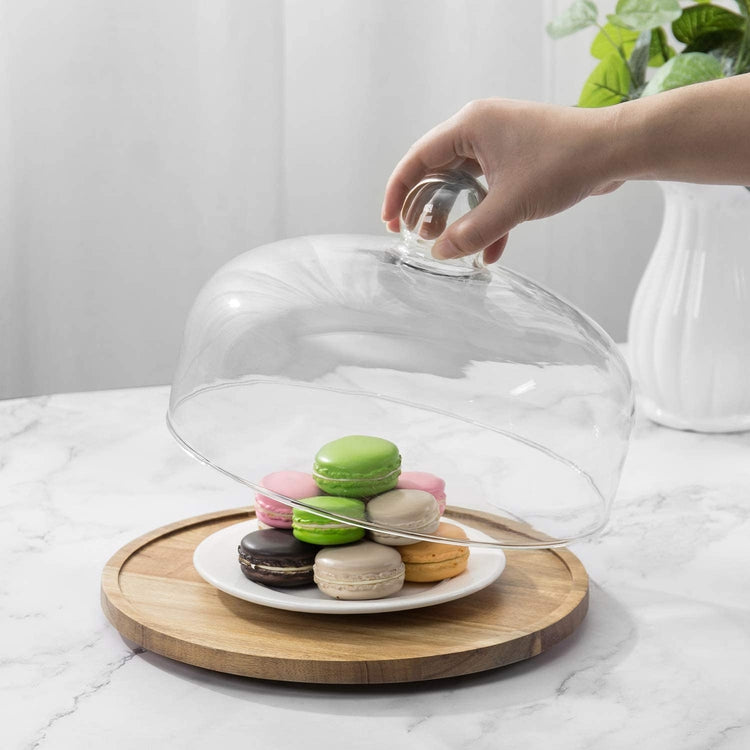 Round Acacia Wood Lazy Susan Turntable Display Stand with Glass Dome Lid, 11-inches