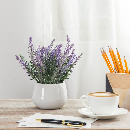 Artificial Lavender Plant w/ Round White Ceramic Plant Pot