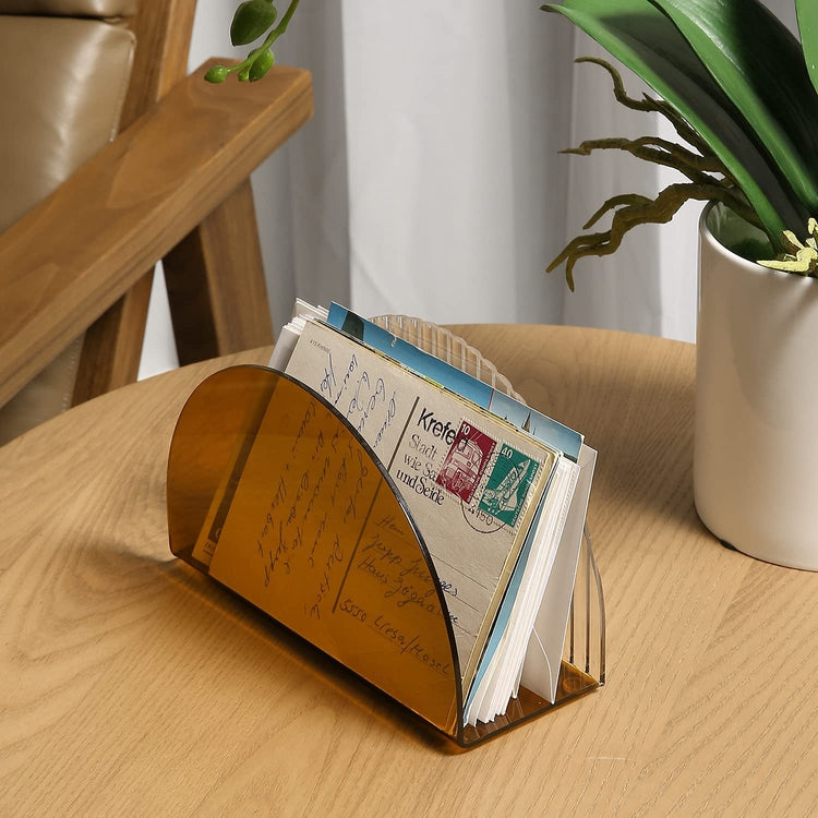 Mid Century Amber and Clear Acrylic Wavy Design Mail Sorter, Desktop Letter Holder-MyGift