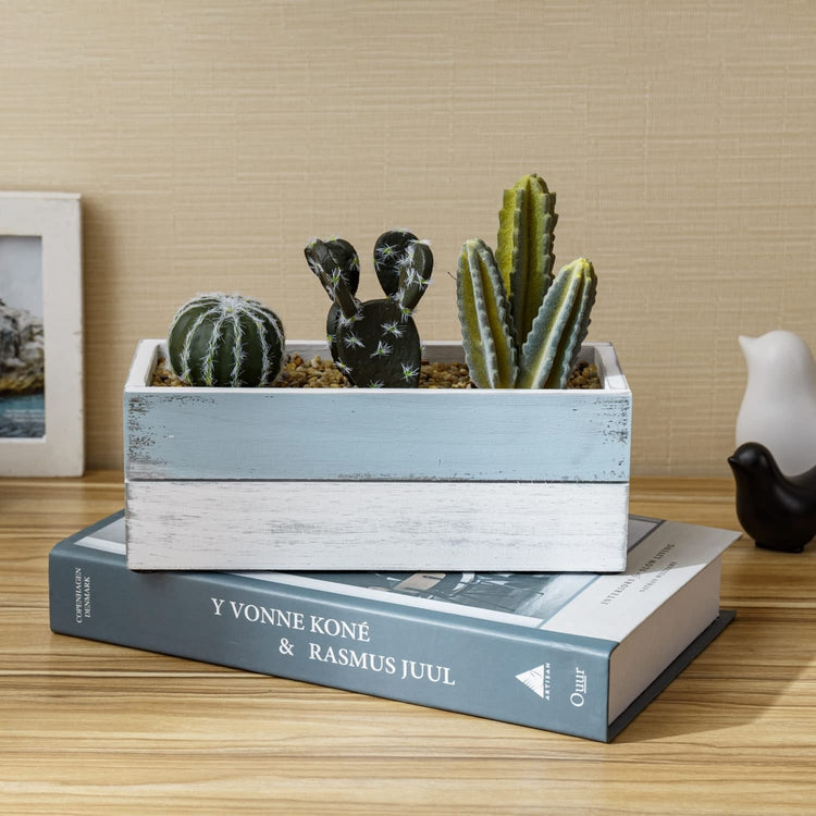 Artificial Mini Cactus Plants in Mixed Color Blue and White Wood Plant Pot, Wall Mounted or Tabletop