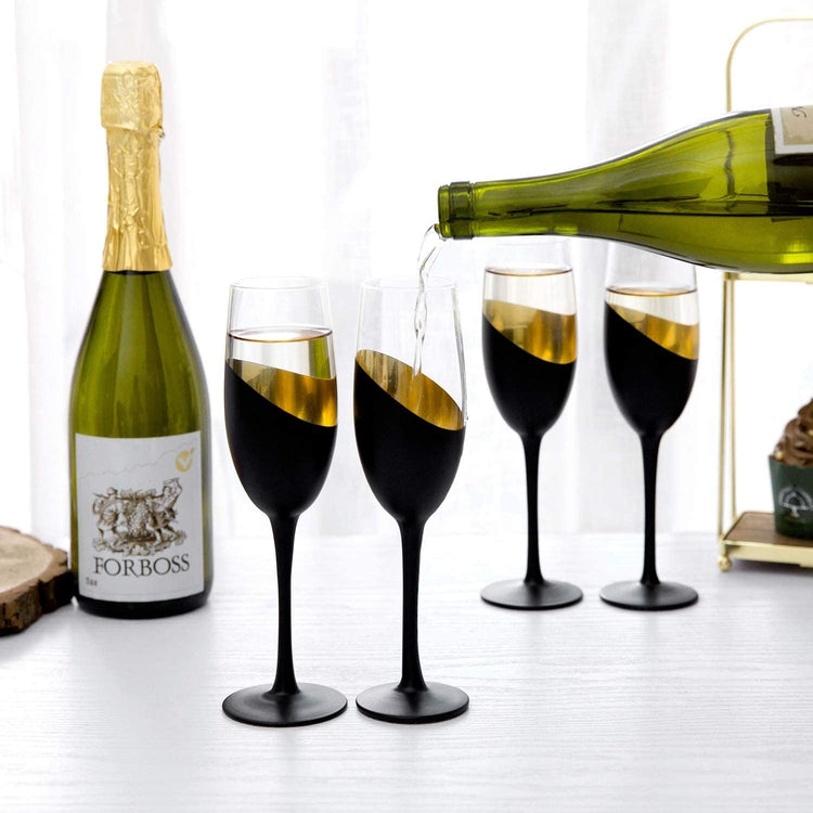 Set of 4, Modern 8 oz Stemmed Champagne Flutes, Black and Gold Plated Drinking Glasses-MyGift
