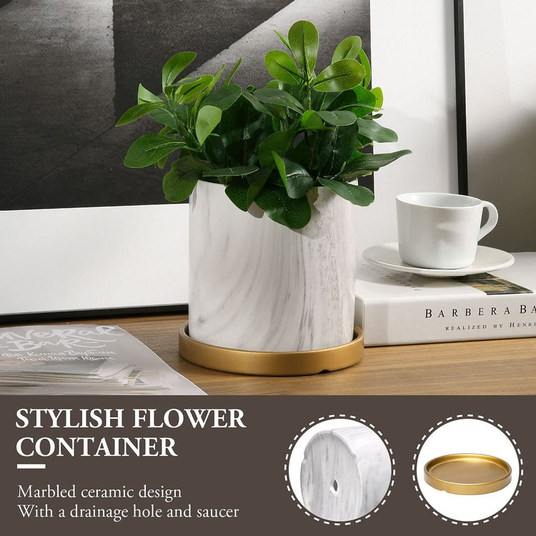 White and Gray, 6-inch Ceramic Marbled Cylindrical Planter Pot with Round Gold Tray