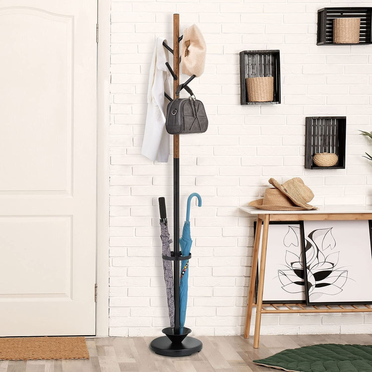 6-Hook Wood Grain and Black Metal Entryway Freestanding Coat Rack Stand Tree with Umbrella Holder