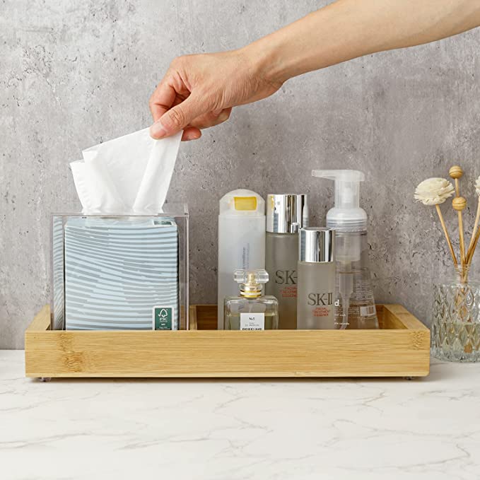 Bamboo Vanity Toilet Tank Display Storage Tray with Clear Acrylic Square Tissue Box Cover and Cutout Handles