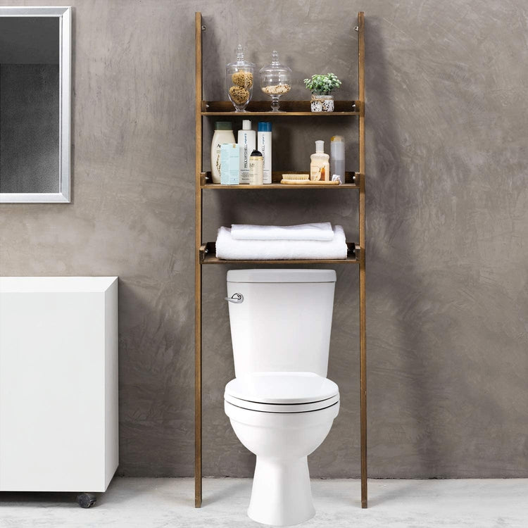 3-Tier Dark Brown Wood Over-The-Toilet Leaning Bathroom Ladder Shelf