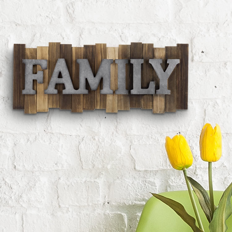 FAMILY Wall Mounted Sign, Wood and Galvanized Metal Embossed Raised Letters, Striped Plaque Art-MyGift