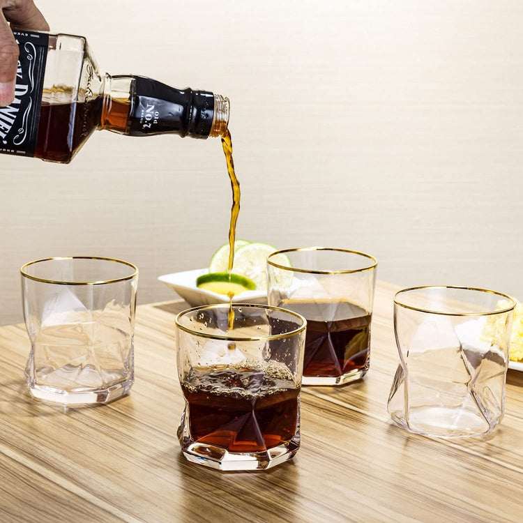 Geometric Shape Design Gold-tone Rimmed Whiskey Tumbler Glasses, Set of 4