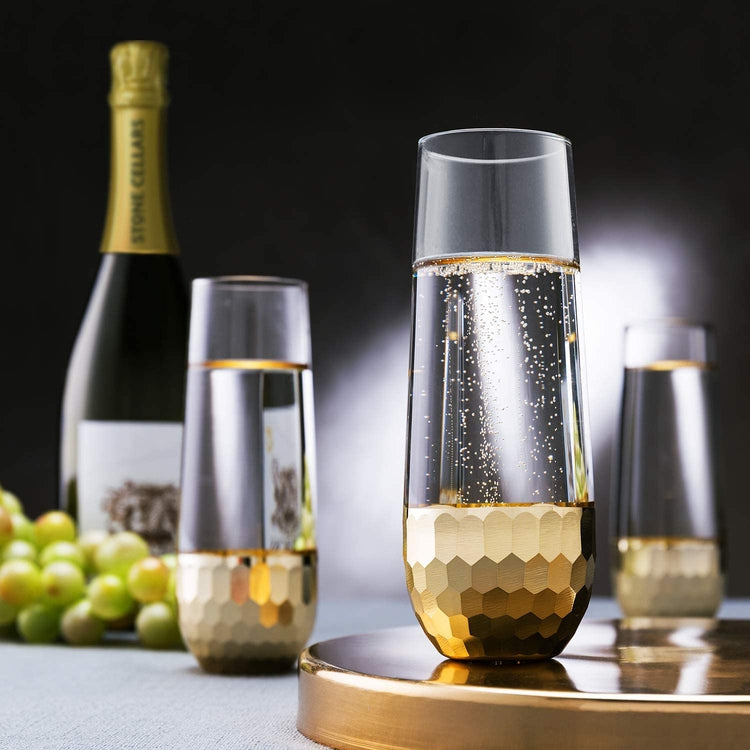 Stemless Champagne Flute Party Glasses with Hammered Brass Plated Bottoms, Set of 4