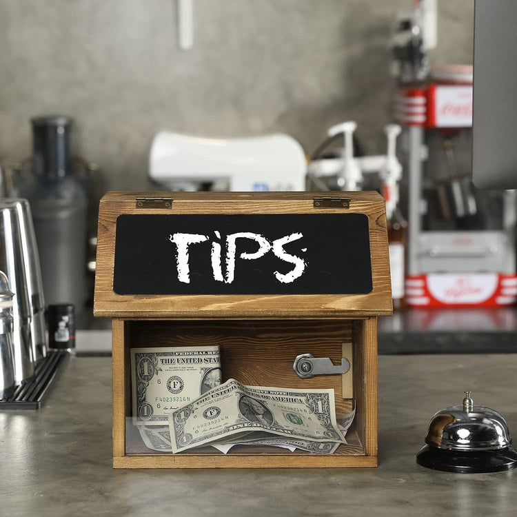 Burnt Wood Locking Suggestion Box with Chalkboard, Clear Front Panel and Top Slot, Restaurant Tip Box, Donation Box