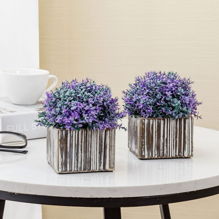 Artificial Verbena Officinalis Purple Flower Arrangement in Torched Wood Square Plant Pots, Set of 2