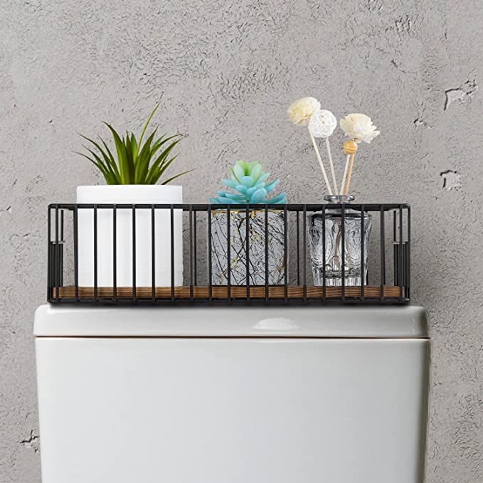 Black Bathroom Toiletries Storage Organizer Vanity Basket for Top Tank, Toilet Paper Roll Holder Basket