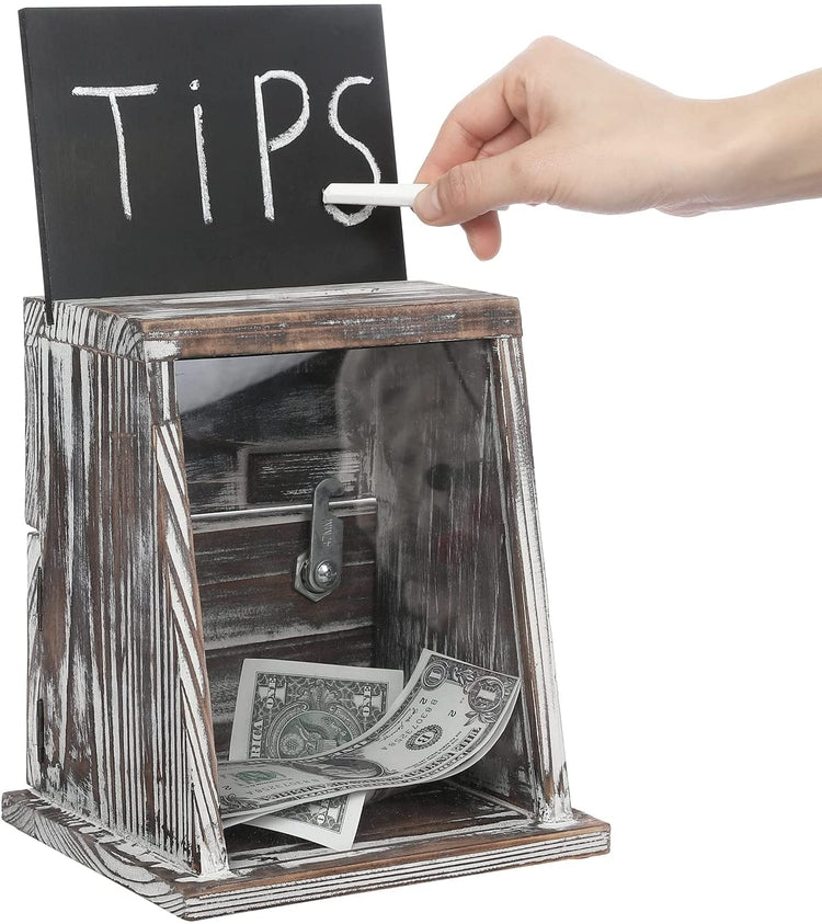 Torched Wood Donation Box with Lock, Tip Box, Suggestion Box with Chalkboard Sign and Clear Acrylic Sign Holder