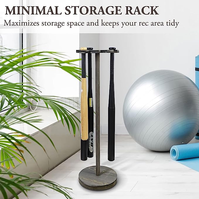 Weathered Gray Baseball Bat Holder Display Rack, Round Wood Freestanding Ball Field Dugout Sport Equipment Storage Stand
