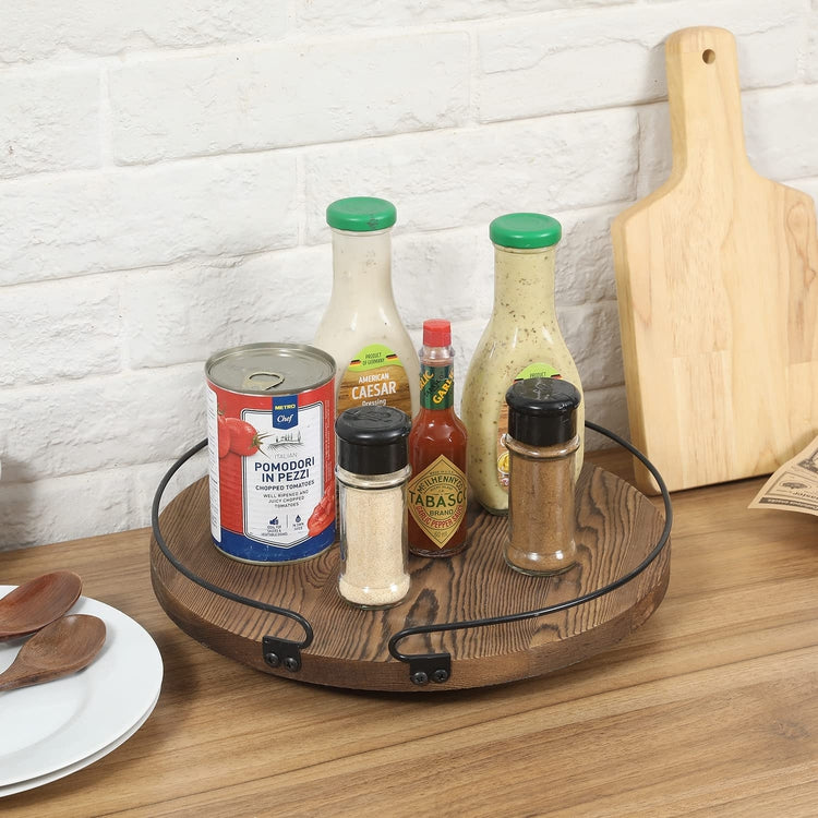 Burnt Wood Round Rotating Lazy Susan Style Display Tray with Black Metal Wire Rim