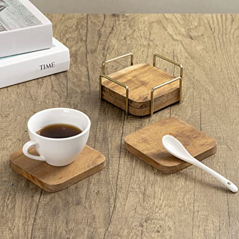 Set of 4 Natural Acacia Solid Wood Coasters with Brass Tone Plated Metal Wire Rack