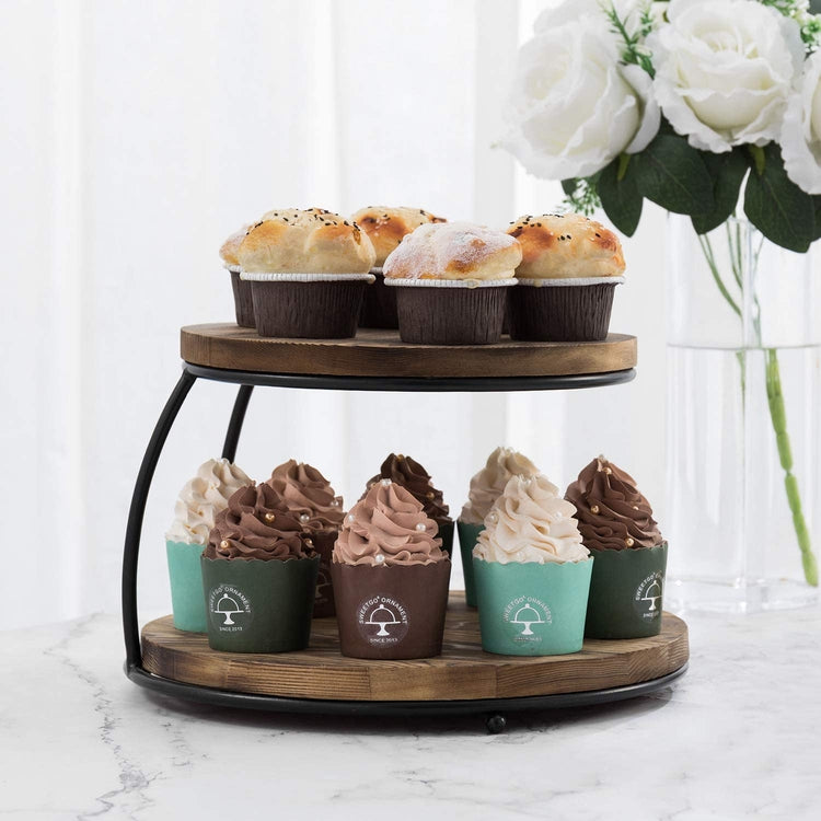 2-Tier Pizza Rack or Cake Stand with Burnt Wood Platform Trays