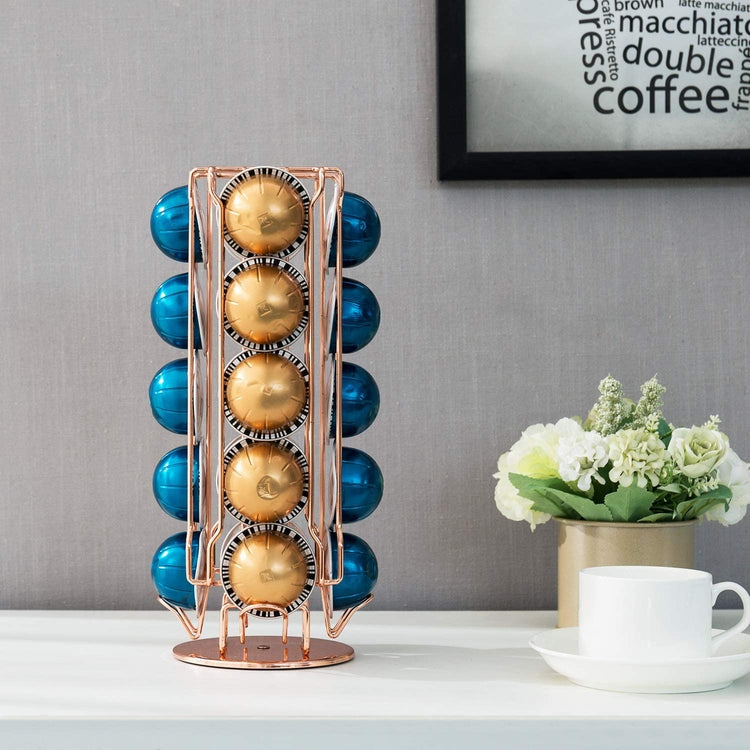 Modern Copper-Plated Metal Rotating Coffee Pod Holder Rack, 20 Capsule Capacity