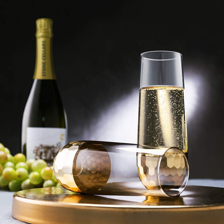 Set of 4, Stemless Champagne Flute Party Glasses with Hammered Brass Plated Bottoms-MyGift