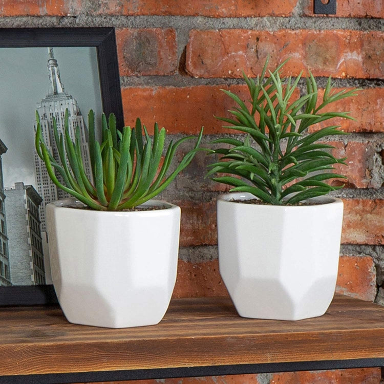 Geometric 5 Inch White Ceramic Round Mini Succulent Planters, Set of 2