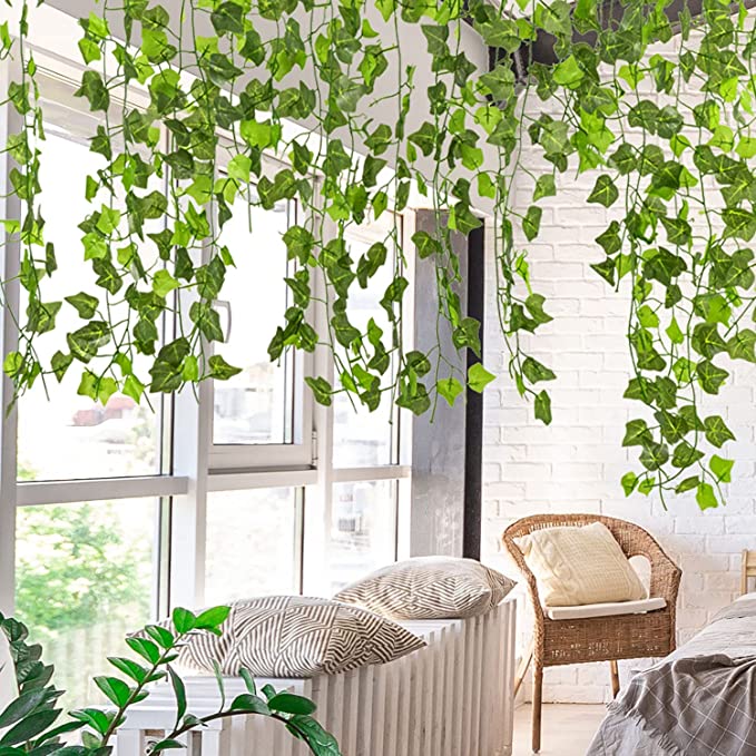 12 Piece Set Artificial Ivy Leaves Vines Foliage Garland, Faux Hanging Greenery Strands-MyGift