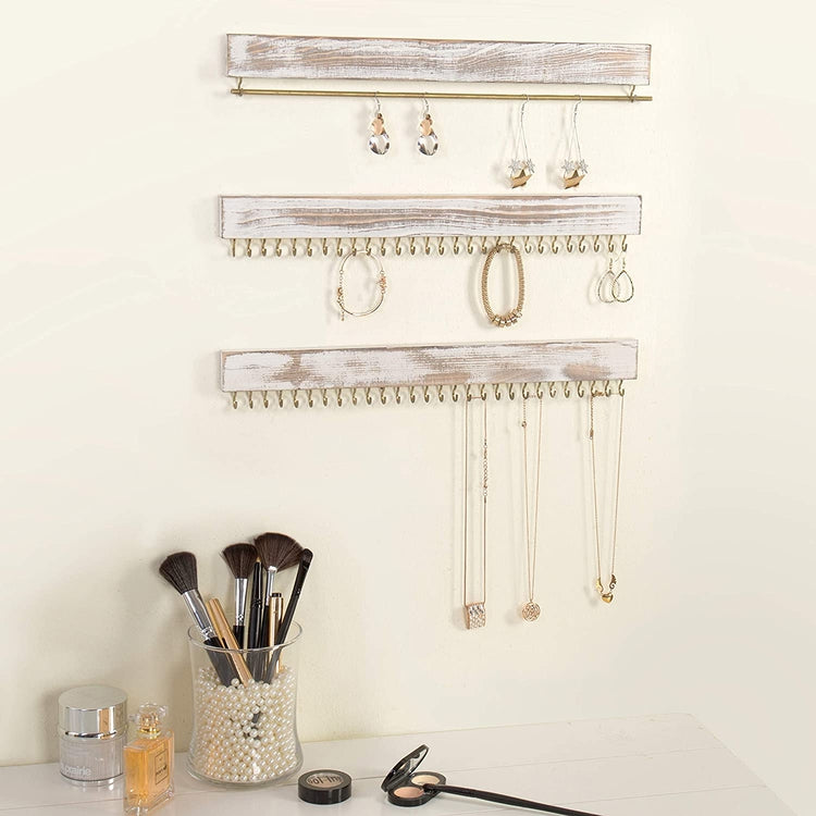 3-Piece Wall Mounted Rustic Whitewashed Wood Jewelry, Necklace and Earring Racks, Set of 2