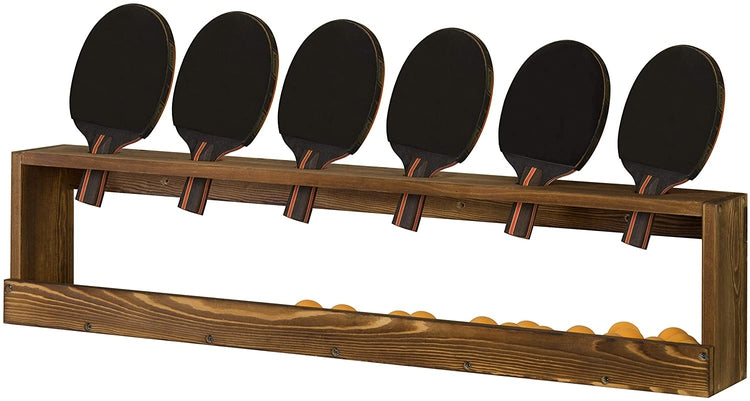 Wood Wall-Mounted Ping Pong Paddle Display Rack with Ball Storage Holder Shelf