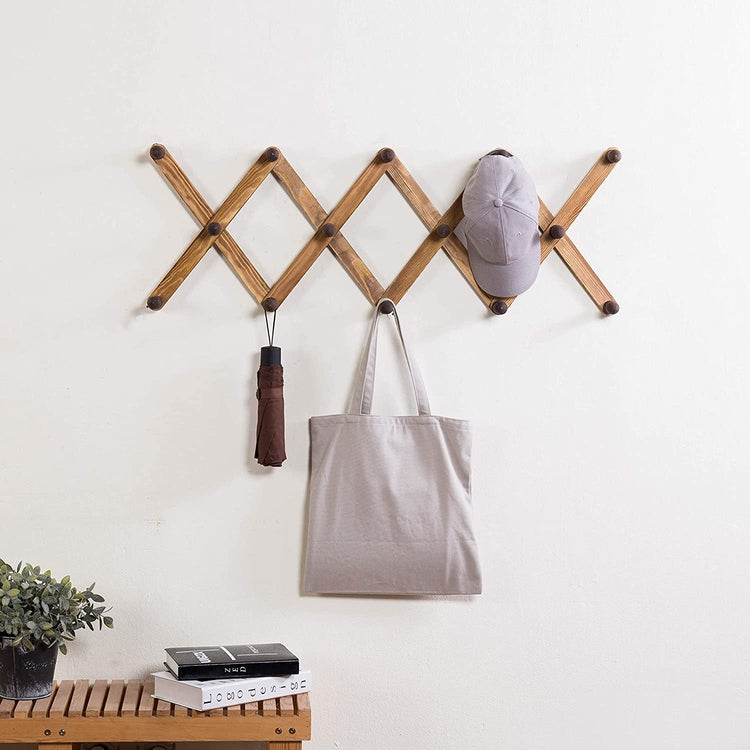 Brown Wood Wall Mounted Expandable 14-Hook Accordion Peg Coat and Hat Hanger Rack