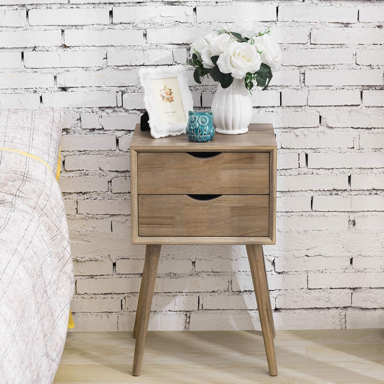 Light Brown Solid Wood Dual Drawer Nightstand