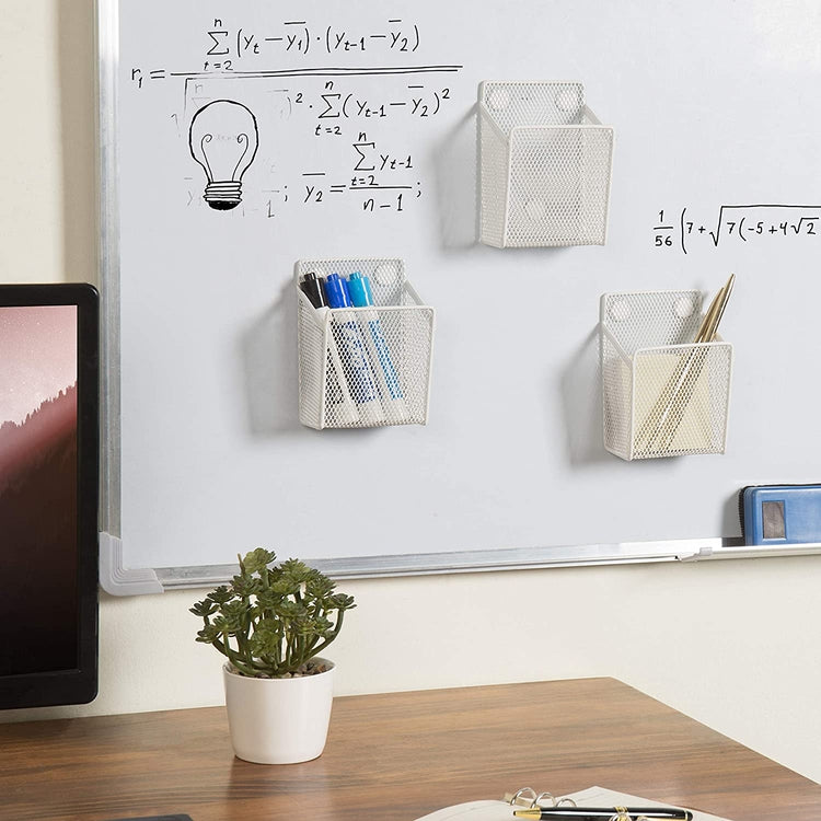 White Wire Mesh Magnetic Storage Baskets and Office Supply Organizers, Set of 3