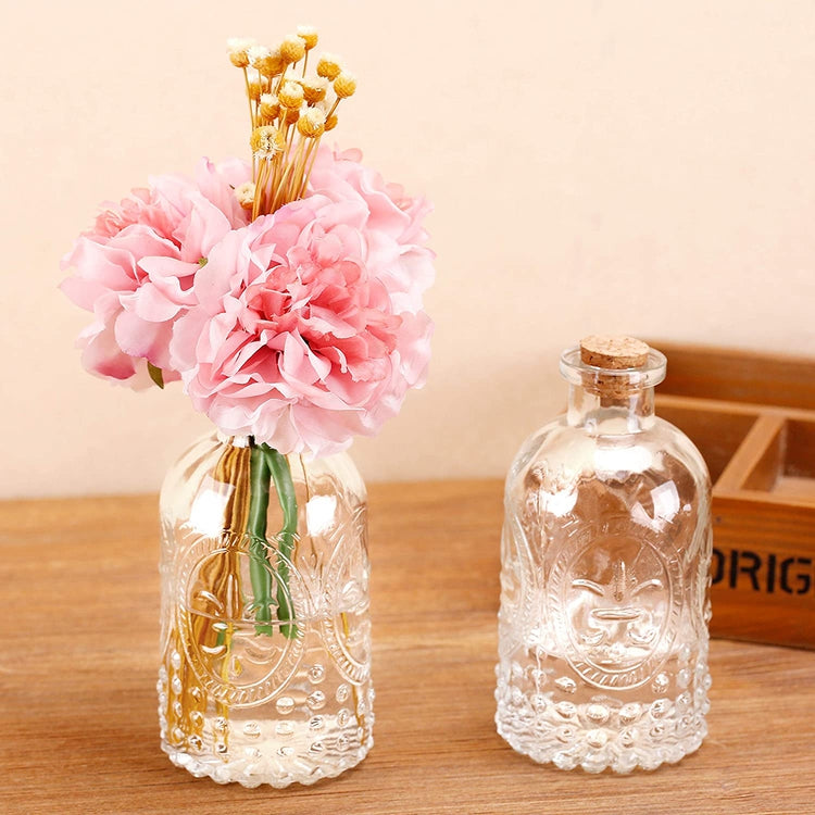 Antique Glass Embossed Apothecary Bottles with Cork Lids, Set of 3