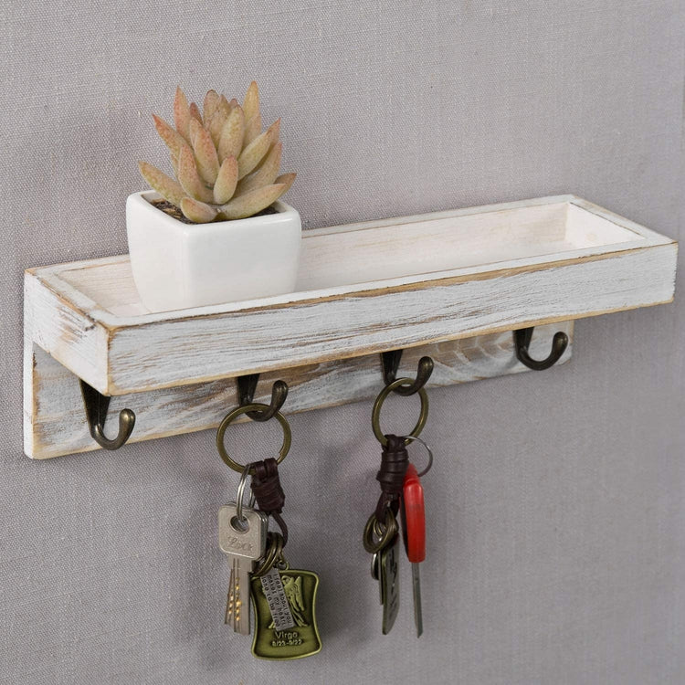 Vintage White Wood Floating Entryway Shelf with 4 Antique Metal Key Hooks