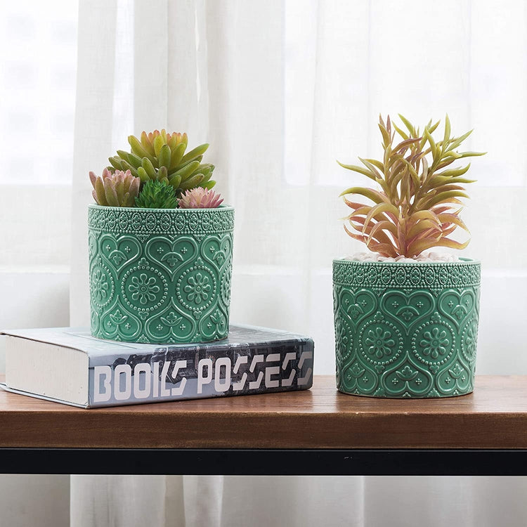 4-Inch Aqua Green Ceramic Floral Embossed Succulent Planter Pots, Set of 2