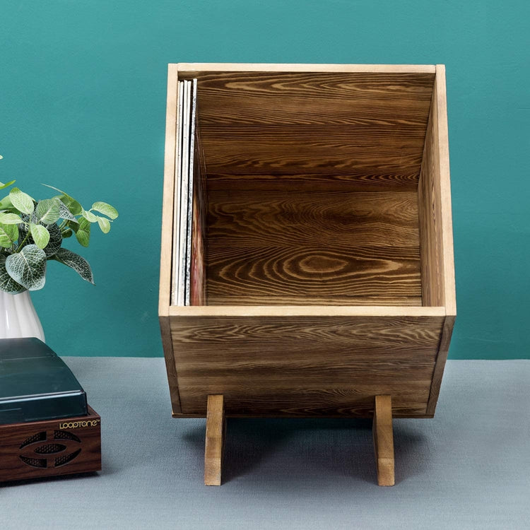 Burnt Solid Wood Record Holder, Rustic Vinyl Album Organizer Storage Crate