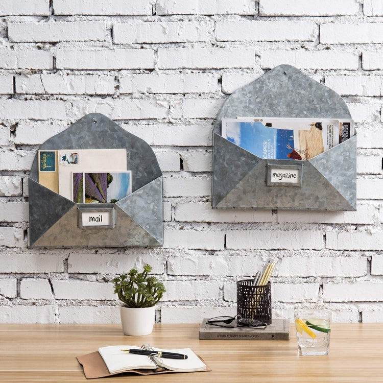 Wall Mounted Silver Galvanized Metal Hanging Envelope-Style Mail / Magazine Holder, Set of 2