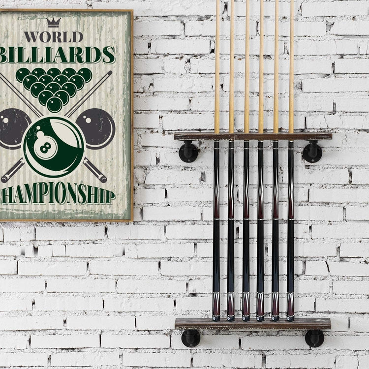 6-Cue Torched Wood & Industrial Metal Pipe Wall Mounted Billiards / Pool Cue Display Rack