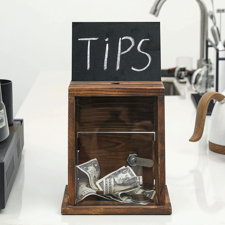 Wood Tip Collection & Donation Box, Removable Chalkboard and Clear Acrylic Sign Holder